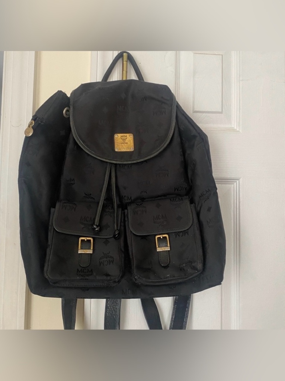 MCM Vintage Black Nylon Logo Backpack with Gold Plaque and Buckles